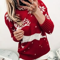 Клирънс Женски стилен коледен пуловер кръгла врата с дълъг ръкав снежинка принт ежедневен плетен празничен кокетен плетен джъмпер
