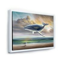 Дизайнарт 'кит, плаващ в небето над плажа' детско изкуство в рамка платно за стена арт принт