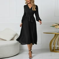 Стабилна женска дълга ръкав тънък приляжен плисиран колан V-образен елегантна рокля черна l