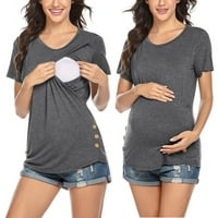 Дамски майчинство лято късо ръкав страничен бутон Екипаж на шията твърд цвят сестрински върхове тениска за кърмене