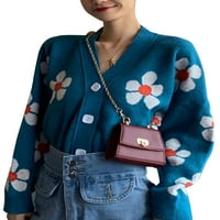 Yinyinxull жени y2k korea стил плетен пуловер флорален дълъг ръкав бутон с v-образно деколте Кардиган тъмно син един размер
