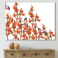 Стадо от Червенушки птици, седящи на оранжеви клони живопис платно изкуство печат
