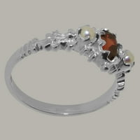 Британски направен със сребърен пръстен със стерлинги с естествен гранат и култивиран перлен женски пръстен за годежен пръстен