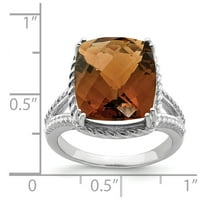 Твърд стерлингов сребърен шахмарт нарязана кафяво уиски кварцов годежен пръстен размер 7