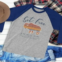 Тениска на благословено момиче Raglan Sleeve за жени „Set Free Bison“ отпечатана, малък спортен сив крал